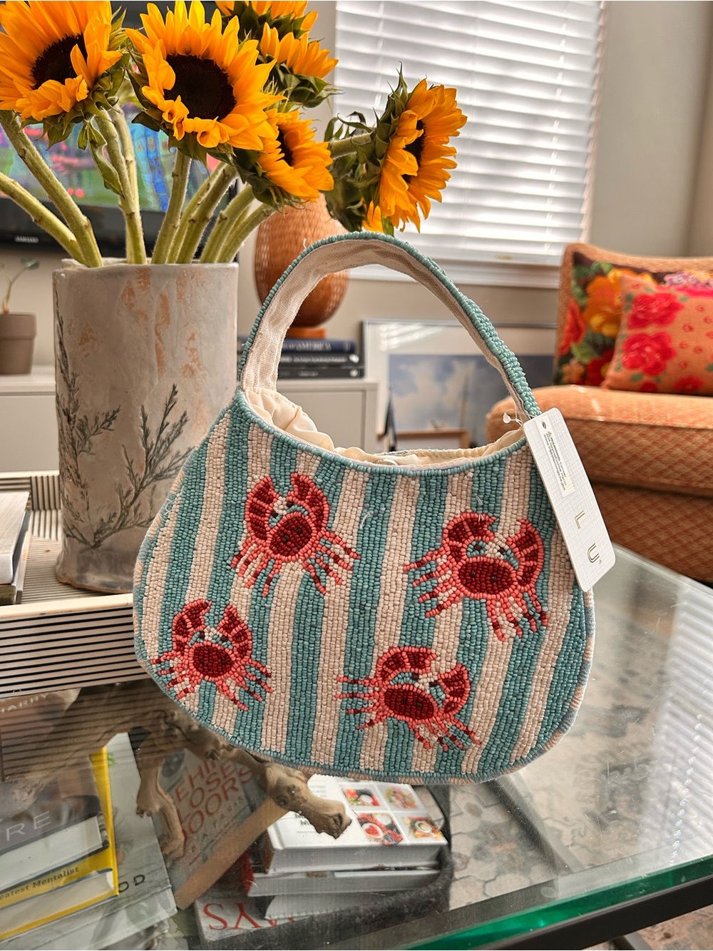 Lulu Striped Beaded Crab Mini Tote Bag in Teal and Red - Picture 4 of 4